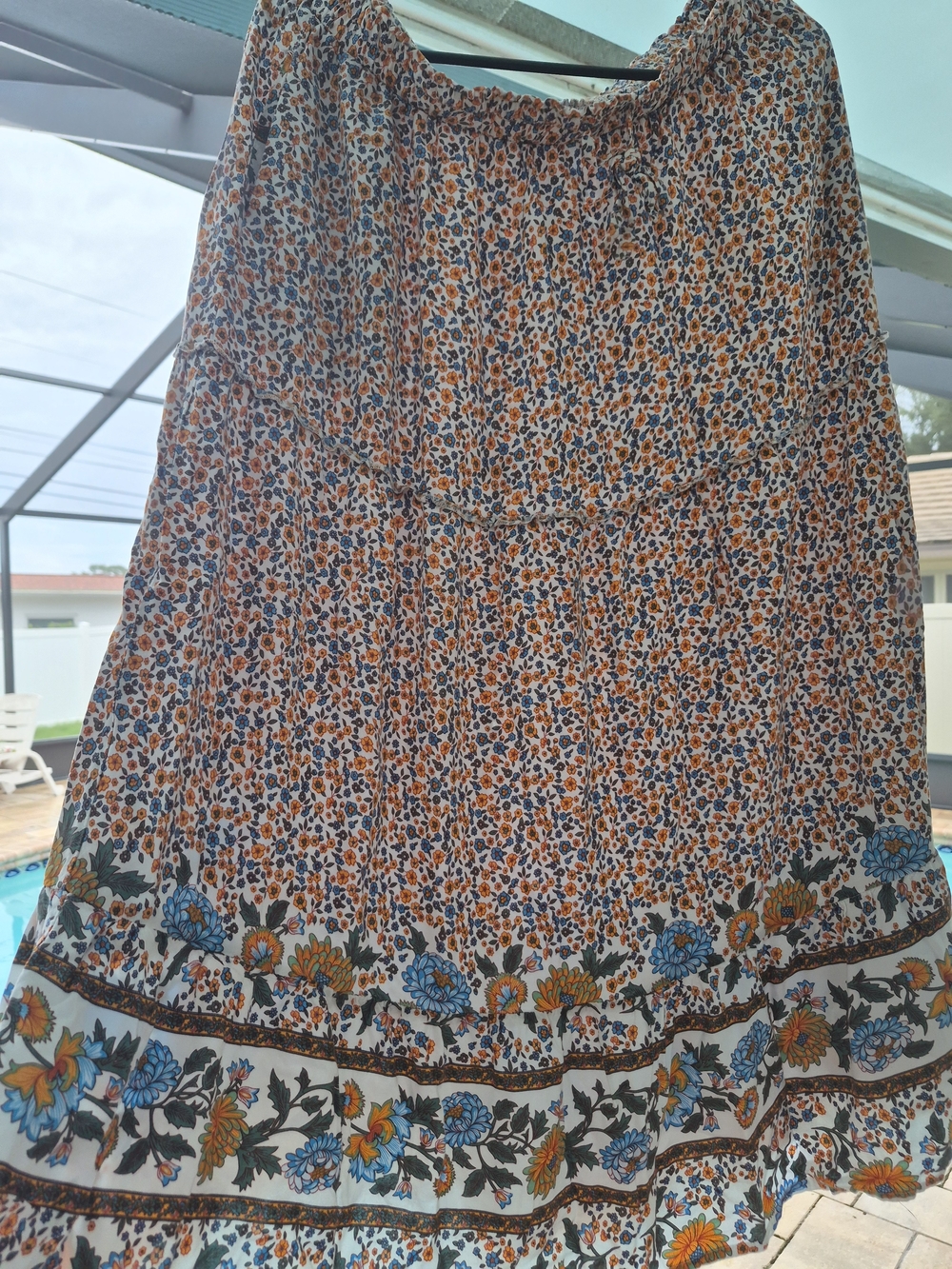 Boho Floral Maxi Skirt in Blue and Orange